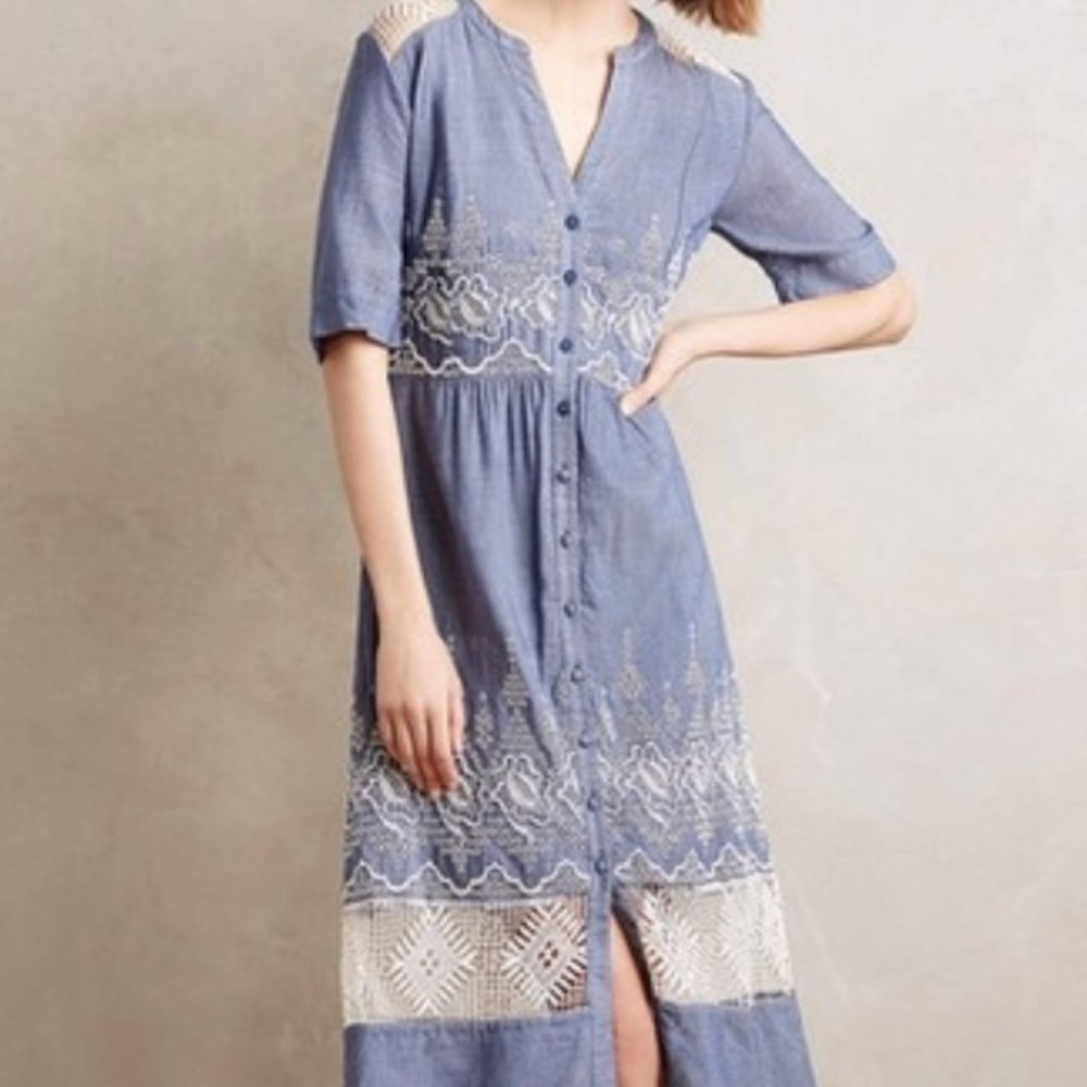 Anthropologie Chambray Embroidered Dress